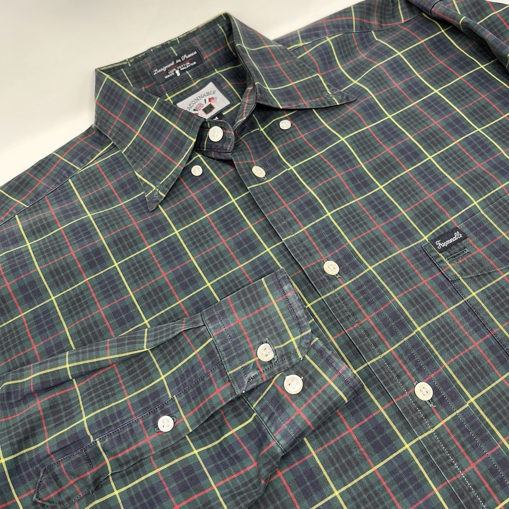 Faconnable Plaid Shirt Mens Medium Green Red Yellow Cotton Button Down France